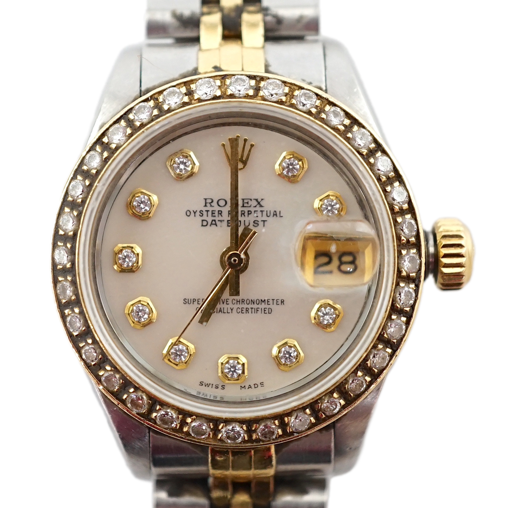 A lady's 1980's stainless steel and gold Rolex Oyster Perpetual Datejust wrist watch, with mother of pearl dial and diamond dot markers and bezel